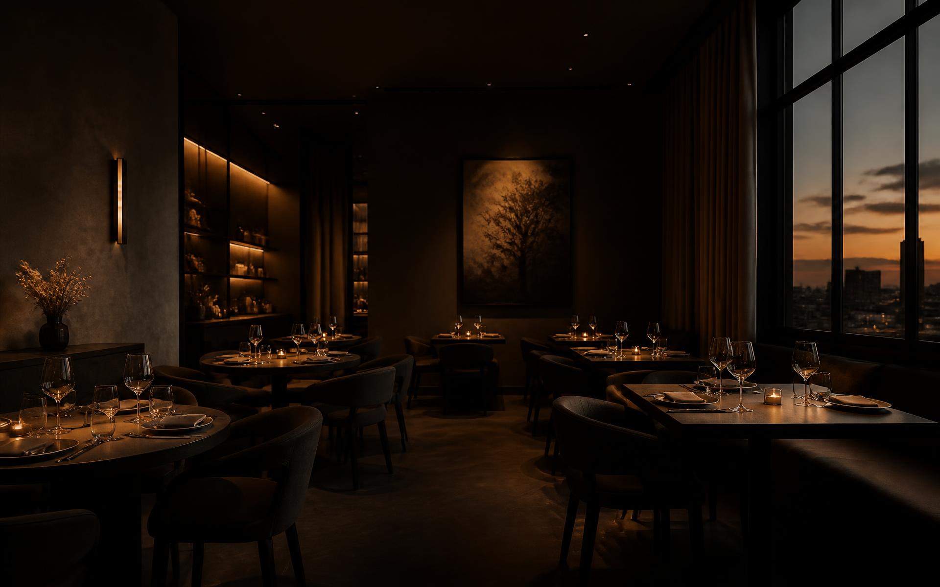 Candlelit fine-dining room at dusk